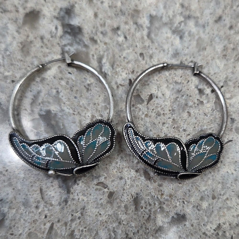 Butterfly Hoop Earrings Silver Tone Blue Gray Cloisonne Enamel‎ Jewelry Boho